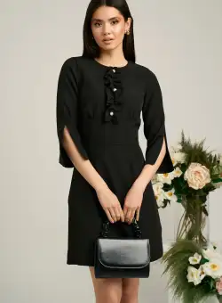 Rochie Moze neagra scurta cu volanase si perle pe bust