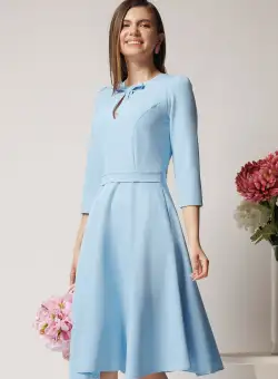 Rochie Moze office bleu din stofa cu funda si decupaj la guler