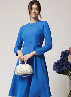 Rochie Moze office din stofa albastra cu nasturi la bust si funde in talie