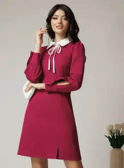 Rochie Moze office din stofa magenta cu guler alb
