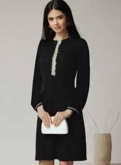 Rochie Moze office din stofa neagra cu maneci din voal si broderie pe bust