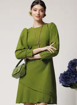 Rochie Moze office din stofa verde olive cu pliuri la baza