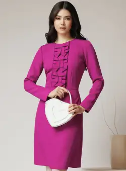 Rochie Moze office din stofa violet cu flori la bust