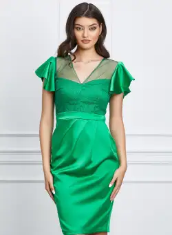 Rochie Moze verde din satin cu glitter la bust