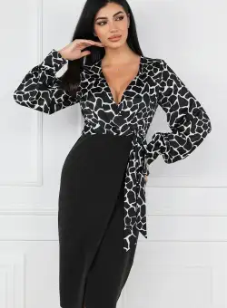 Rochie neagra cu imprimeuri albe pe bust si funda in talie