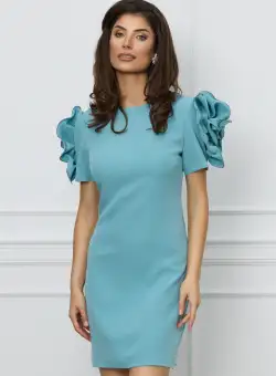 Rochie office bleu cu flori maxi pe maneci
