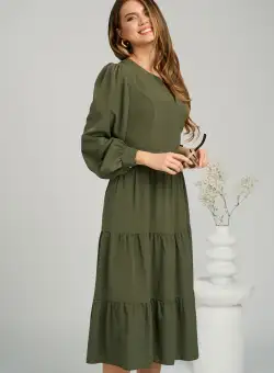 Rochie office din crep kaki cu volan la baza