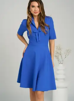 Rochie office din stofa albastra cu funda la bust