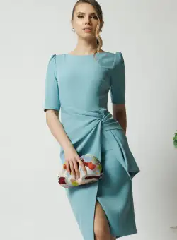 Rochie office din stofa bleu cu funda in talie