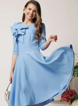 Rochie office din stofa bleu cu volan maxi pe bust