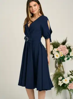 Rochie office din stofa bleumarin cu funda si catarama in talie