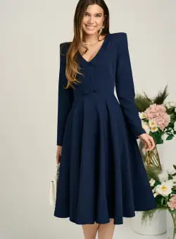 Rochie office din stofa bleumarin cu nasturi la bust