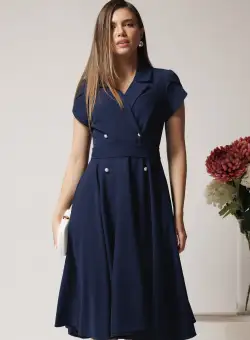 Rochie office din stofa bleumarin cu nasturi si cordon decorativ in talie