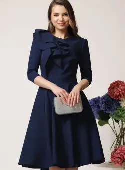 Rochie office din stofa bleumarin cu volan maxi pe bust