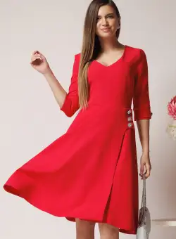 Rochie office din stofa corai cu nasturi in talie