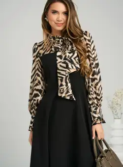 Rochie office din stofa cu voal la bust si animal print bej