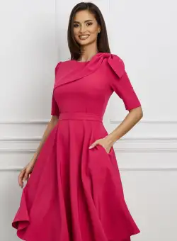 Rochie office din stofa fucsia cu funda pe umar