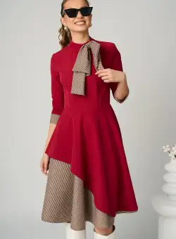 Rochie office din stofa fucsia cu imprimeu pepit si funda maxi pe bust