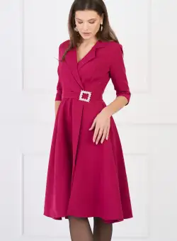 Rochie office din stofa magenta cu catarama in talie