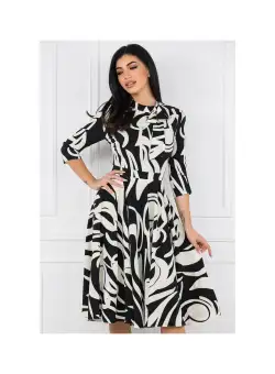Rochie office din stofa neagra cu imprimeuri albe si buzunare functionale