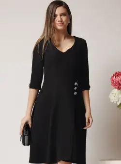 Rochie office din stofa neagra cu nasturi in talie