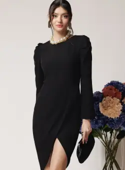 Rochie office din stofa neagra cu pliuri pe fusta si la umeri