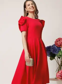 Rochie office din stofa rosu zmeura clos cu trandafiri la maneci