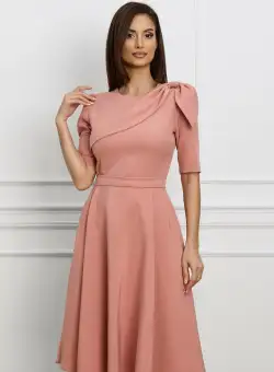 Rochie office din stofa roz piersica cu funda pe umar