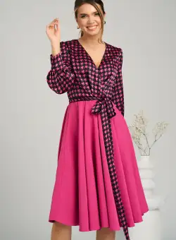 Rochie office din stofa si satin fucsia cu imprimeu pepit la bust