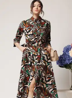 Rochie office din stofa tip camasa maro cu zebra print si cordon in talie