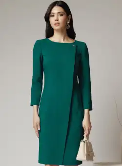 Rochie office din stofa verde cu accesoriu discret