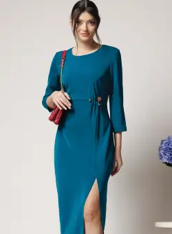 Rochie office din triplu voal verde cu accesoriu in talie