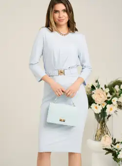 Rochie office din viscoza bleu cu pliuri pe bust si cordon in talie