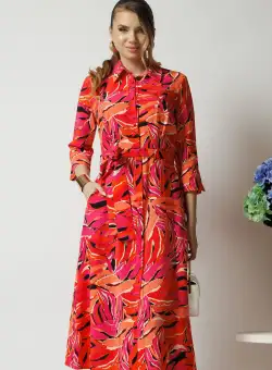Rochie office din viscoza fucsia cu imprimeu portocaliu si cordon in talie