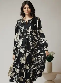 Rochie office din voal satinat neagra cu imprimeuri bej si volan la baza