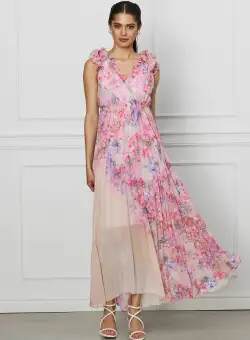 Rochie Ramona lunga roz cu imprimeuri florale