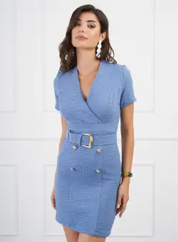 Rochie Rania bleu din tweed cu nasturi si curea in talie