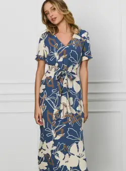 Rochie Sara bleumarin cu imprimeuri si cordon in talie