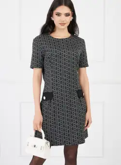 Rochie Sara gri cu imprimeu si nasturi decorativi