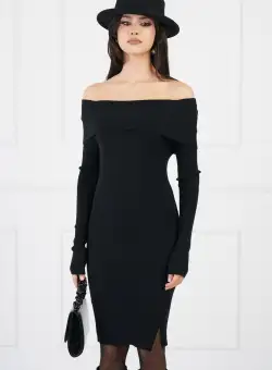 Rochie Sara neagra cu decolteu lasat pe umeri