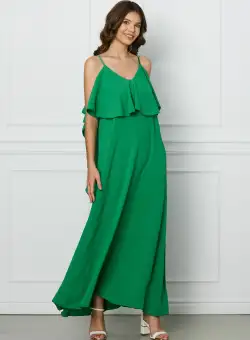 Rochie Sara verde lunga cu volane