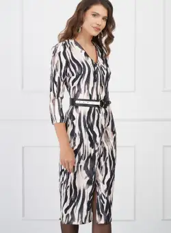 Rochie Simina ivory cu imprimeu negru si fermoar