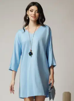 Rochie smart-casual din viscoza bleu cu funda din satin la spate