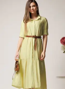 Rochie smart-casual din viscoza galbena tip camasa cu nasturi si curea