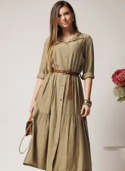 Rochie smart-casual din viscoza kaki tip camasa cu nasturi si curea