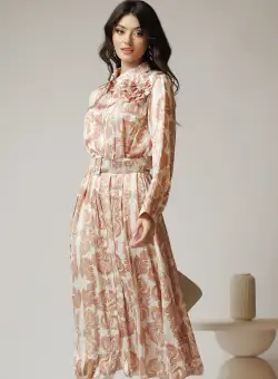 Rochie vaporoasa de zi din satin ivory cu imprimeuri bej si floare maxi