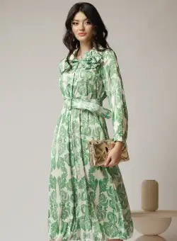Rochie vaporoasa de zi din satin ivory cu imprimeuri verzi si floare maxi