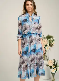 Rochie vaporoasa de zi din voal gri cu imprimeuri bleu