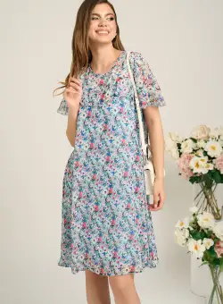 Rochie vaporoasa de zi din voal ivory cu flori bleu si roz