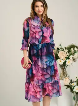 Rochie vaporoasa de zi din voal mov cu imprimeuri bleu